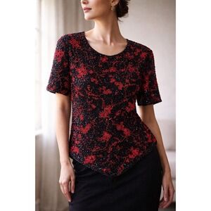 NWT Vintage ANDRETTA DONATELLO 100% Silk Y2K Red Fully Beaded ScoopNeck  XL